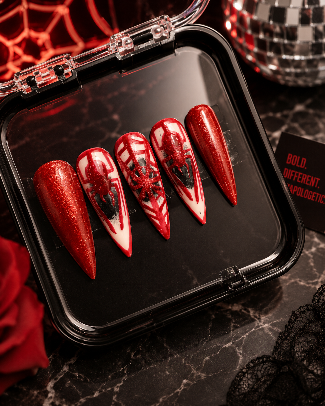 Spider Hero Red Cat Eye Press-On Nails | Handmade Stiletto Comic-Inspired Nail Set
