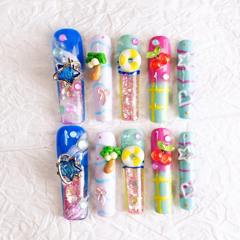 Pool Party Water Nails w/ Fidget Spinner – 10pc Long Square Press On Set | Aquarium Jelly Glitter, Palm Tree, Float Ring & Cherry Charms