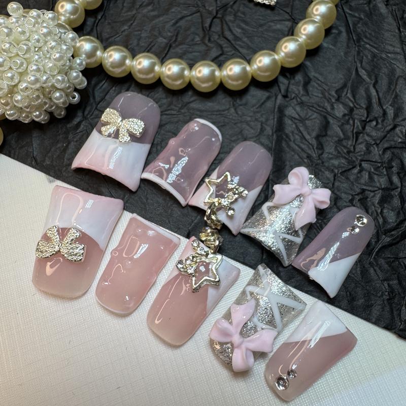 Starlit Ribbon Duck Nails – 10pc Duck/Flare Press On Set | Pink & White Side French, Silver Stars & 3D Bows