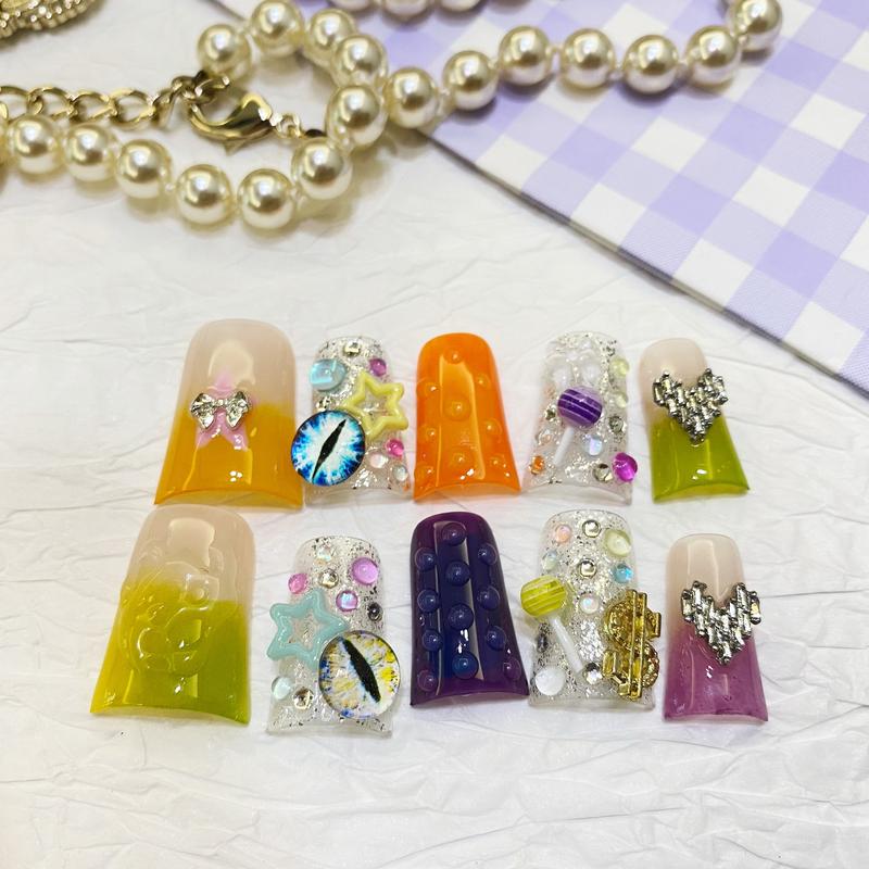 Candy Pop Duck Nails – 10pc Duck/Flare Press On Set | Jelly Colors, Bubble Gel, Lollipop & Crystal Heart Charms