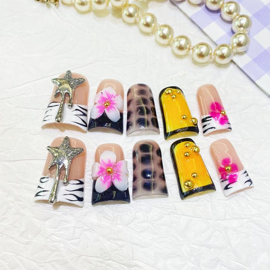 Safari Star Duck Nails – 10pc Duck/Flare Press On Set | Zebra French, 3D Pink Flowers, Amber Jelly Panels & Gold Studs