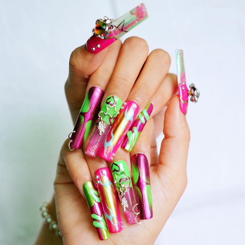 Tropical Thunda XL – 10pc Long Square Press On Nails | Neon Chrome Flames, Jelly Windows & Dangle Charms