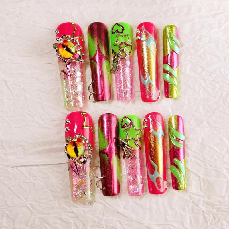 Tropical Thunda Water Nails – Neon Pink & Lime Press On Nails 10pc Long Square | Chrome Flames, Glitter Jelly, 3D Charms