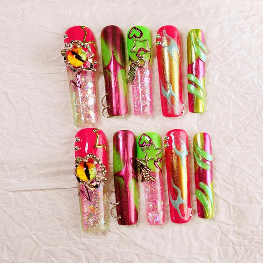 Tropical Thunda Water Nails – Neon Pink & Lime Press On Nails 10pc Long Square | Chrome Flames, Glitter Jelly, 3D Charms