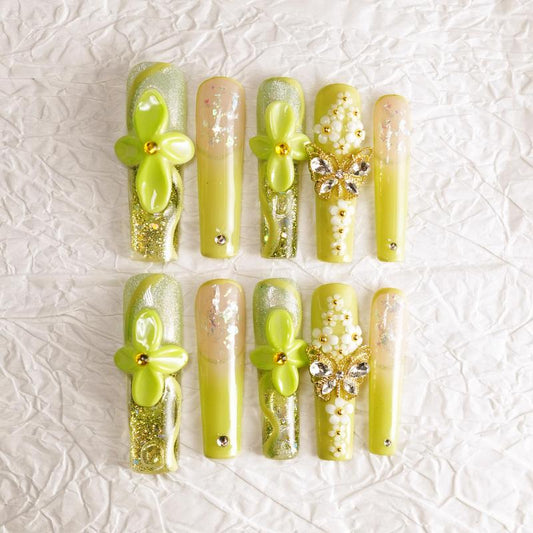 Lime on Your Dime – Lime Green Press On Nails 10pc Long Square | 3D Flower, Butterfly & Pearl Glitter | Luxury Reusable Set