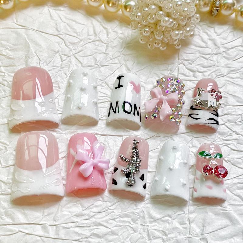 I ❤️ Mom Coquette Duck Nails – 10pc Duck/Flare Press On Set | Pink & White, Bows, Pearls, Zebra & Crystal Accents