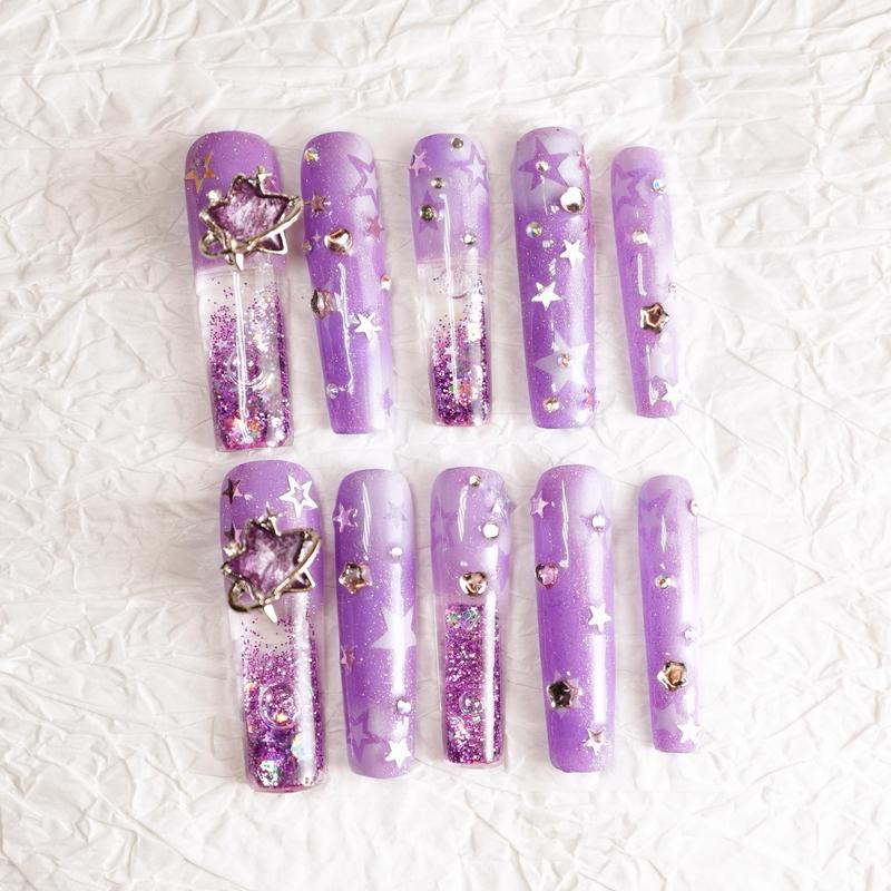 Purple Galaxy Water Nails + Fidget Spinners –  Press On Nails 10pc Long Square | Aquarium Jelly, Star Glitter, 3D Spinner Charm