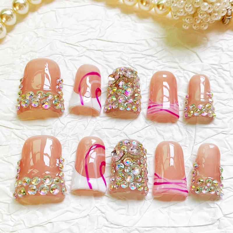 Pink Swirl Pavé Duck Nails – 10pc Duck/Flare Press On Set | Hot Pink Swirls, AB Crystal Pavé Bands