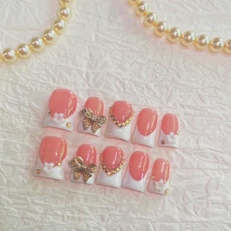 Peachy Bow Coquette Duck Nails – 10pc Duck/Flare Press On Set | White French Blocks, Gold Crystal Chain
