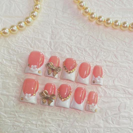 Peachy Bow Coquette Duck Nails – 10pc Duck/Flare Press On Set | White French Blocks, Gold Crystal Chain