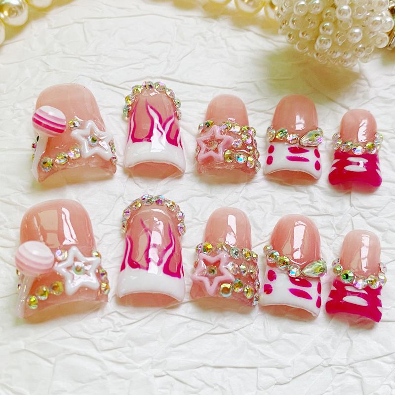 Candy Flame Duck Nails – 10pc Duck/Flare Press On Set | Hot Pink Flames, Crystal Bands, Star & Lollipop Charms