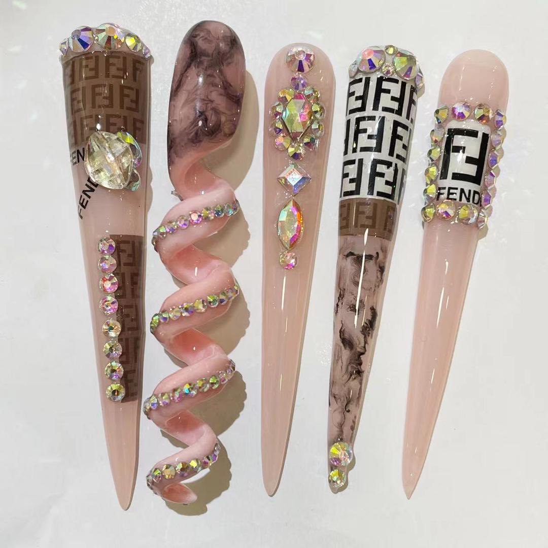 Designer Monogram Blush – 10pc XL Stiletto Press On Nails | 3D Spiral Coil, Smoke Marble, AB Crystal Bling