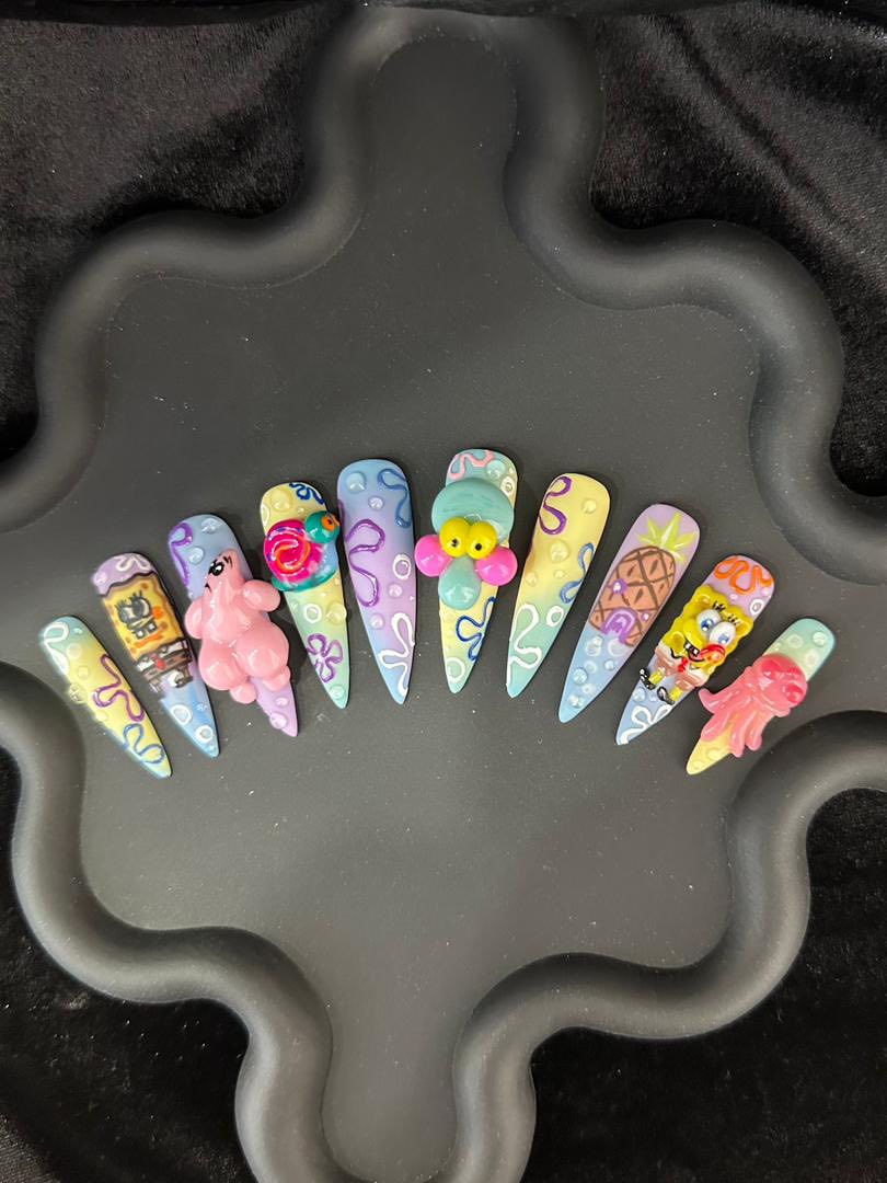Undersea Cartoon Vibes (SpongeBob) – 10pc Long Stiletto Press On Nails | Pastel Ocean Set, 3D Characters & Pineapple House