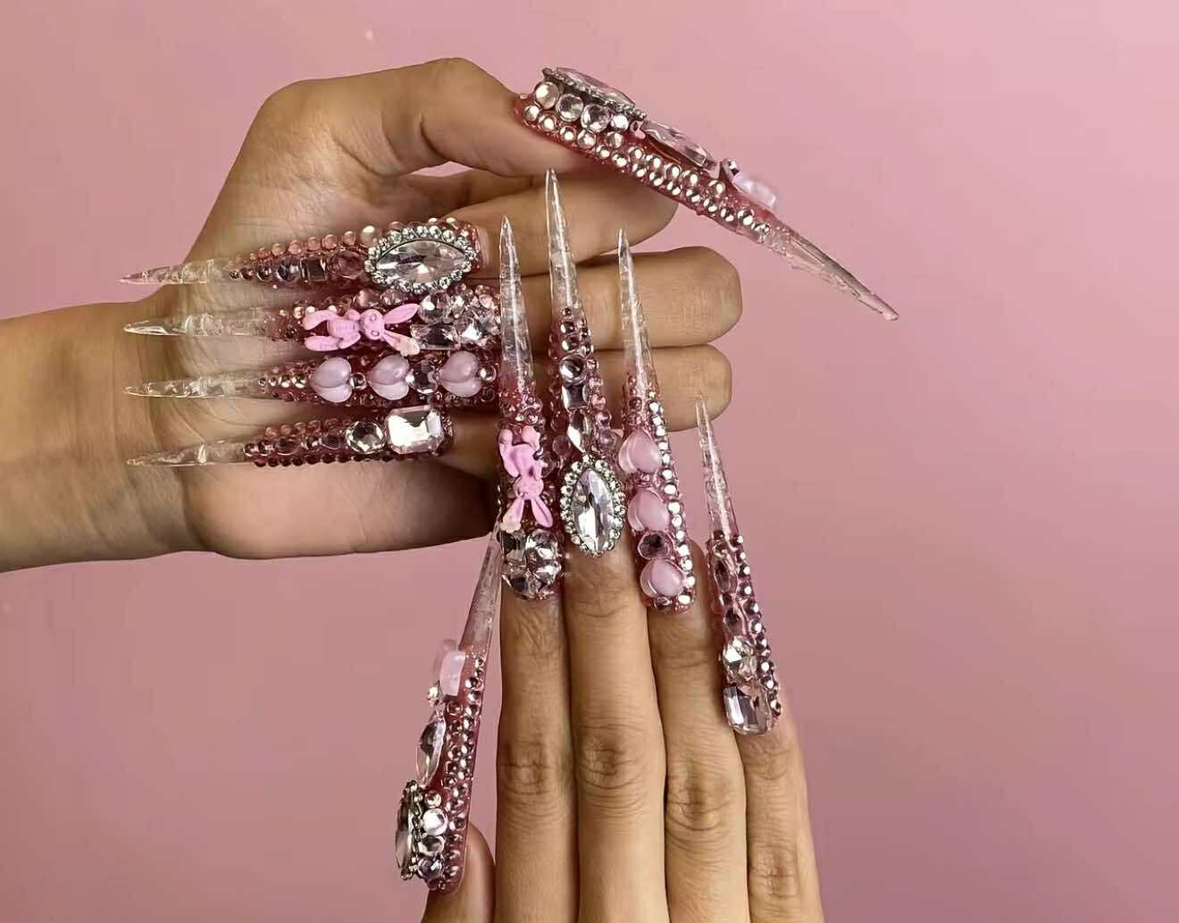 Pink Iced Princess — XXL Stiletto 3D Crystal Press-On Nails (Handmade)