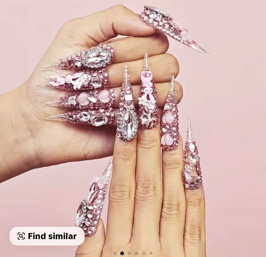 Pink Iced Princess — XXL Stiletto 3D Crystal Press-On Nails (Handmade)