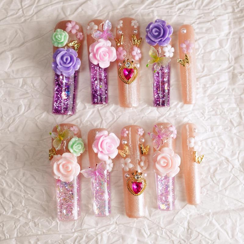 Rose & Butterfly Water Nails – Press On Nails 10pc Long Square | Nude Pink Jelly Aquarium, Purple Glitter, 3D Flowers, Heart Charm