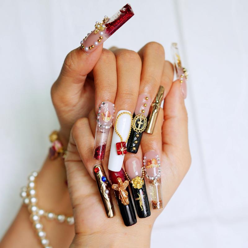 Baroque Relic XL Water Nails – 10pc Long Coffin Press On Nails | Black, White & Red with Gold Cameos, Crosses & Pearls