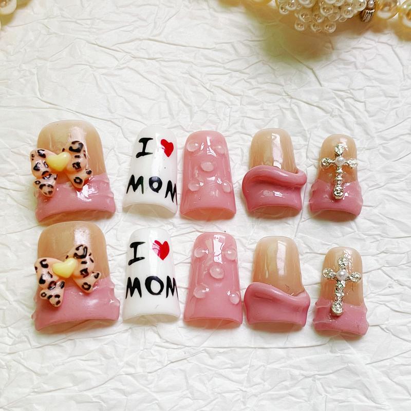 Wild Heart Mom Duck Nails – 10pc Duck/Flare Press On Set | Leopard Bows, I ❤️ MOM, Bubble Gel & Cross Charm