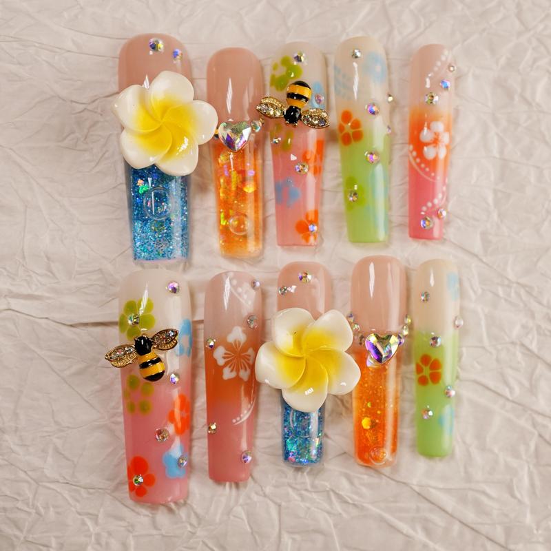 Honey Bloom Long Square – 10pc Press On Nails | Pastel Flowers, Bee Charms & Jelly Glitter