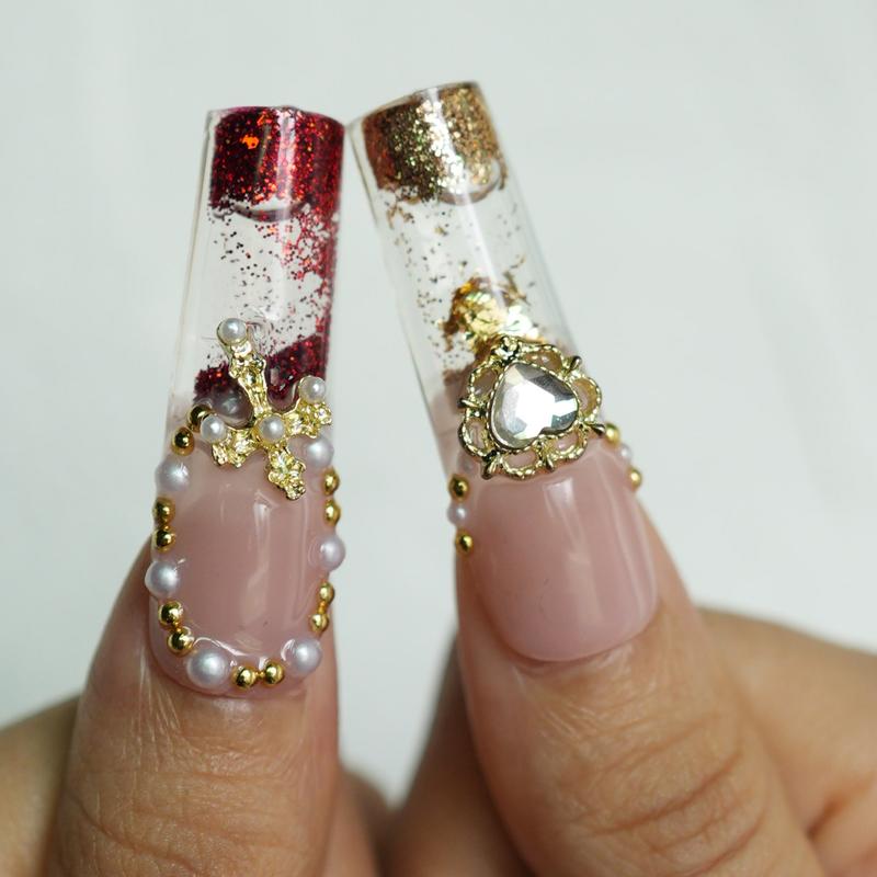 Baroque Relic XL Water Nails – 10pc Long Coffin Press On Nails | Black, White & Red with Gold Cameos, Crosses & Pearls