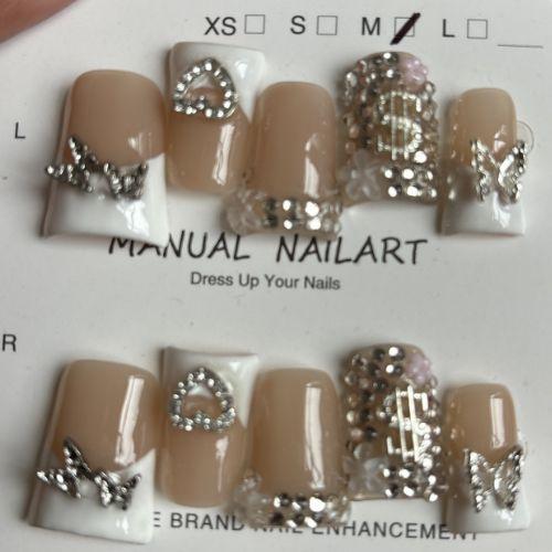 Silver Butterfly Coquette Duck Nails – 10pc Duck/Flare Press On Set | Nude French Blocks, Crystal Bows & Pearl Stacks