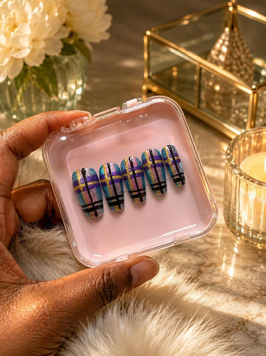Short Square Cat Eye Quilt Press-On Nails | Handmade Magnetic Plaid Nails