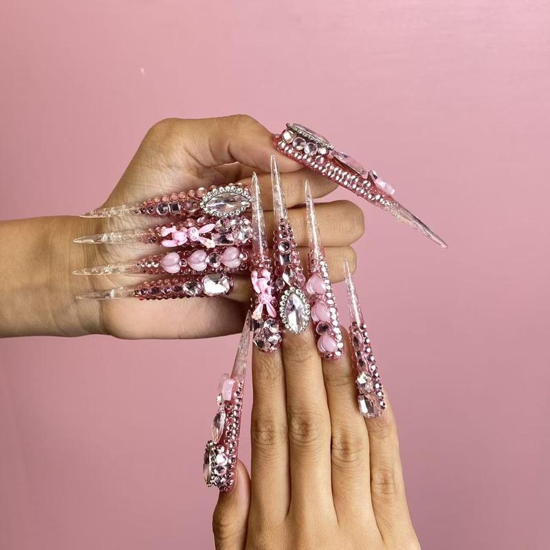 Pink Pointy Junk – 10pc XL Stiletto Press On Nails | All-Over Rhinestones, Jelly Charms & Crystal Bows