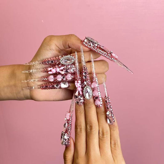 Pink Pointy Junk – 10pc XL Stiletto Press On Nails | All-Over Rhinestones, Jelly Charms & Crystal Bows