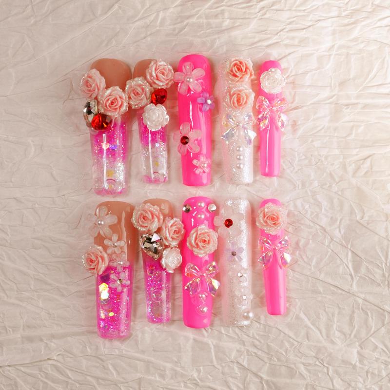 Rosy Crush Water Nails – 10pc Press On Nails | Hot Pink, Glitter Jelly Windows, 3D Roses & Bows