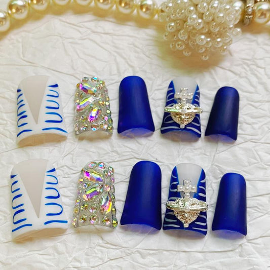 Cobalt Orbit Duck Nails – 10pc Duck/Flare Press On Set | Matte Blue, Graphic White French, Crystal Pavé & Orb Charm