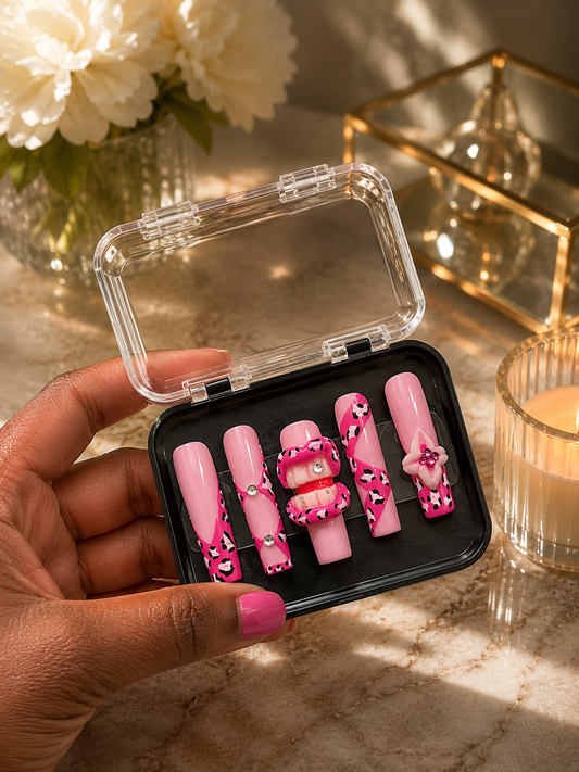 Pink Leopard Luxe Press-On Nails | Handmade 3D Lip Nail Set | Long Coffin Nails
