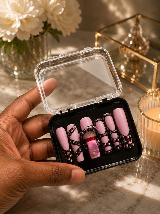 Luxury Pink and Black Leopard Press-On Nails | Long Coffin 3D Glam Nail Set | Handmade Nails