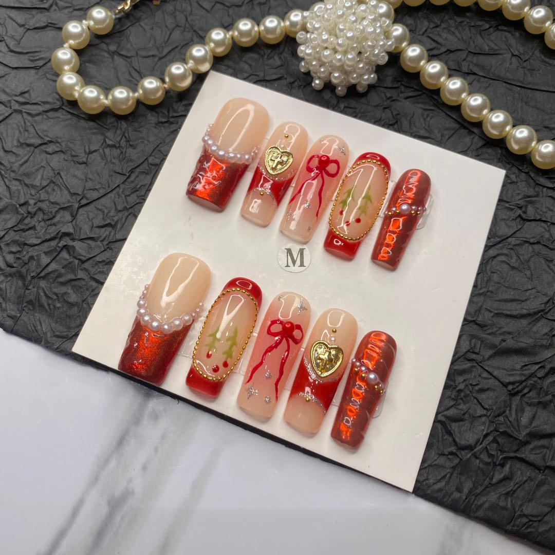 Scarlet Reliquary – 10pc Long Square Press On Set | Ruby Red, Heart Lockets, Pearls & Crystal Trim