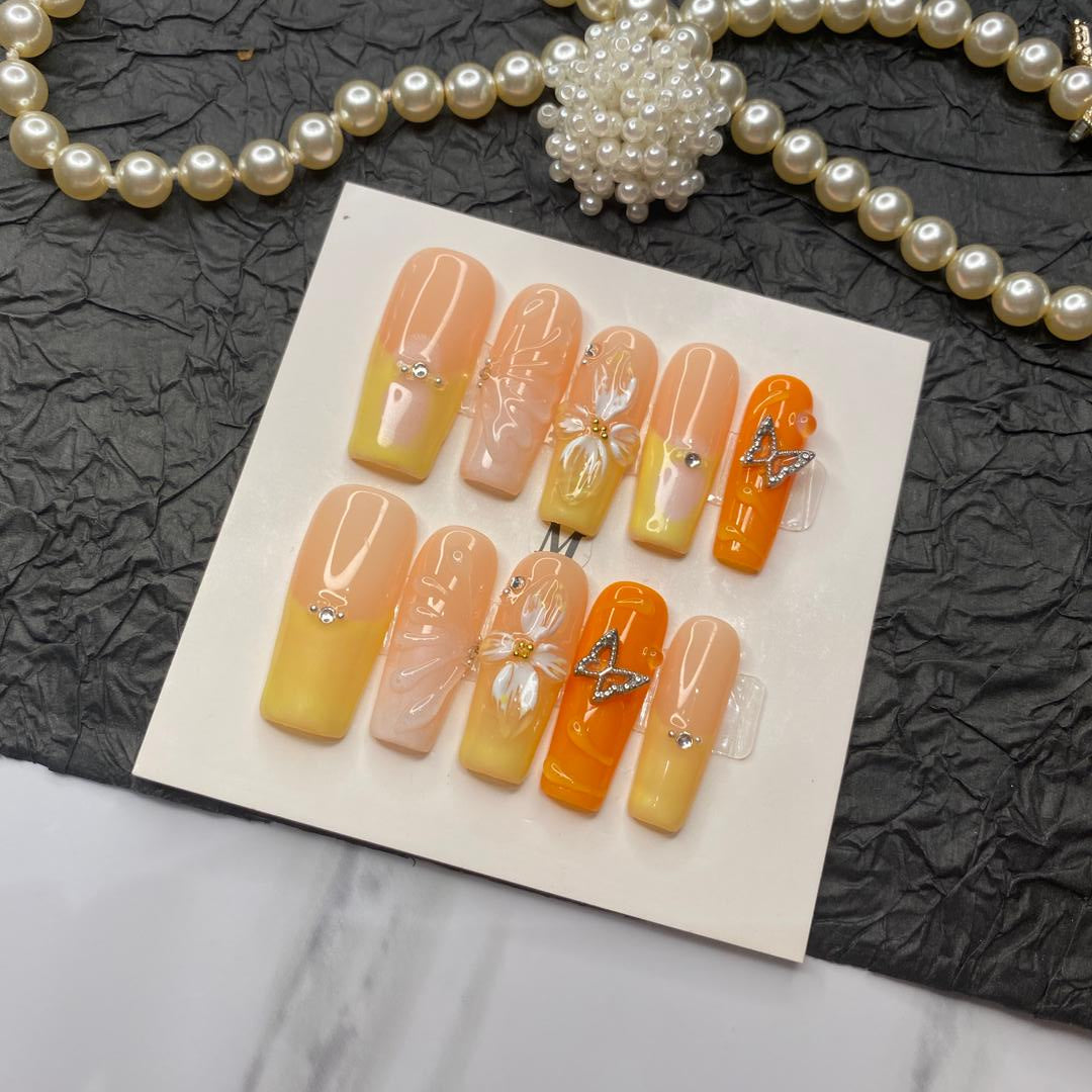 Peach Bellini – 10pc Long Square Press On Set | Peach Ombré, 3D Butterflies & Crystal Shine