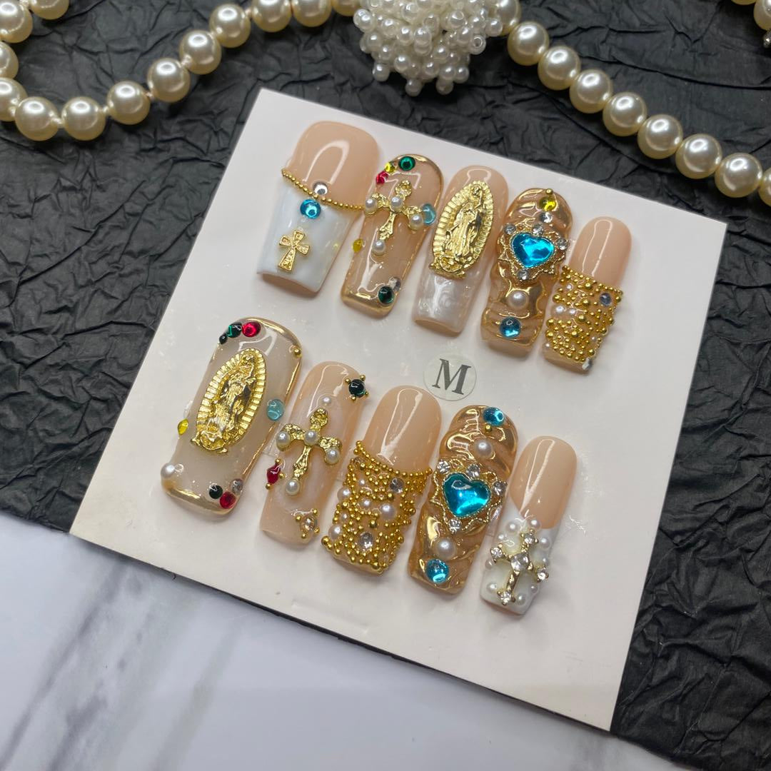 Gilded Devotion – 10pc Long Square Press On Set | Nude Base, Cross Charms, Pearls & Baroque Frames