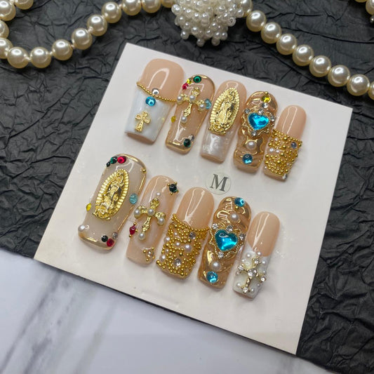 Gilded Devotion – 10pc Long Square Press On Set | Nude Base, Cross Charms, Pearls & Baroque Frames