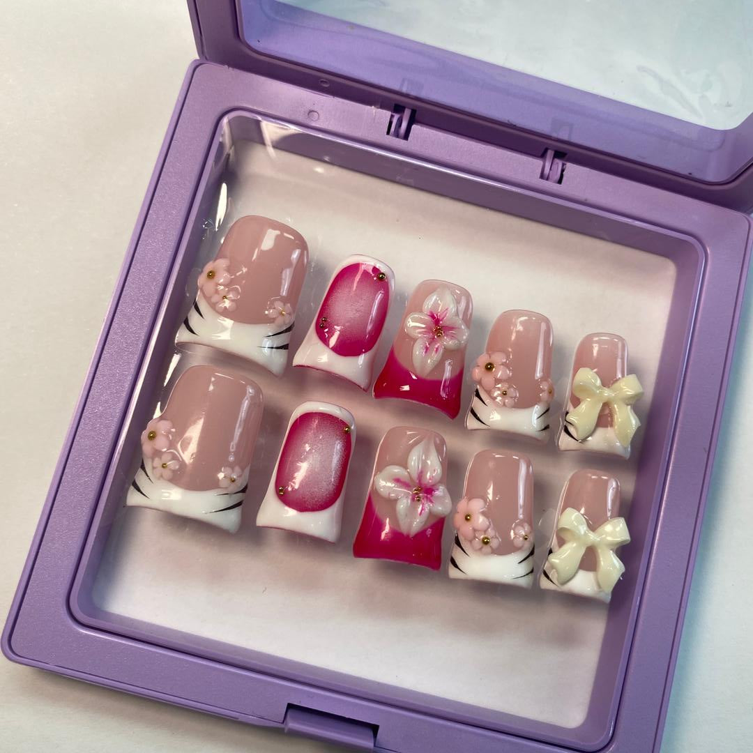 Coquette Blossom Duck Nails – 10pc Duck/Flare Press On Set | Pink French, 3D Flowers & Bows