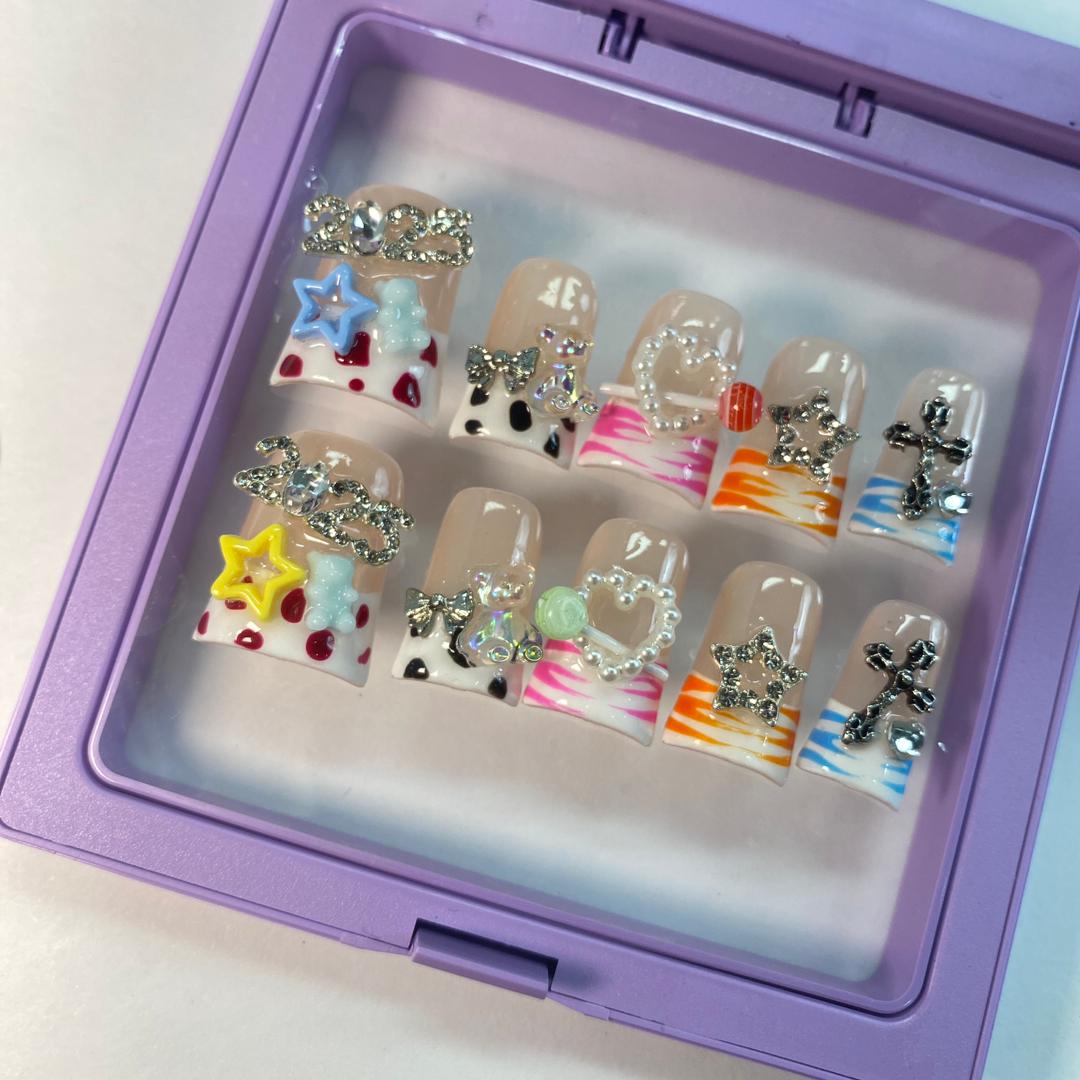 Candy Pop French Duck Nails – 10pc Duck/Flare Press On Set | Neon Stripe Tips, Dalmatian & Polka Dots, Bling Charms