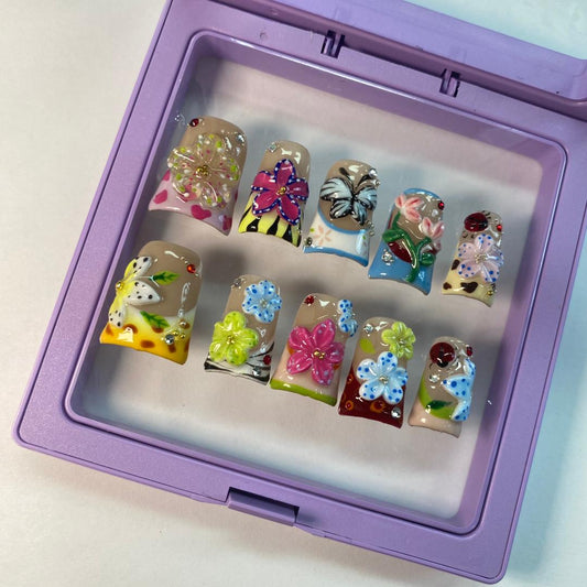 Bloom Bazaar Duck Nails – 10pc Duck/Flare Press On Set | Hand-Painted Flowers & Pastel French Mix