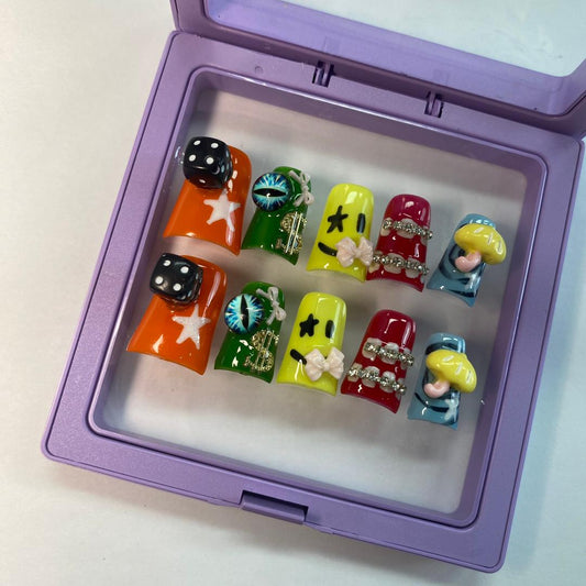 Lucky Charms Arcade Duck Nails – 10pc Duck/Flare Press On Set | Dice, Stars, Cat-Eye, Bows & Mushrooms