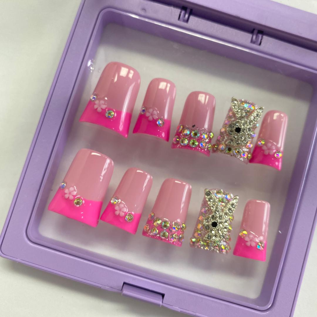 Pavé Bunny French Duck Nails – 10pc Duck/Flare Press On Set | Hot Pink French, AB Crystal Bands & Bunny Charm