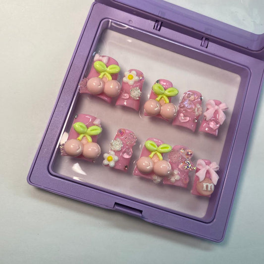 Gummy Cherry Pop Duck Nails – 10pc Duck/Flare Press On Set | Pink Jelly, 3D Cherries, Bows & Crystal Drops