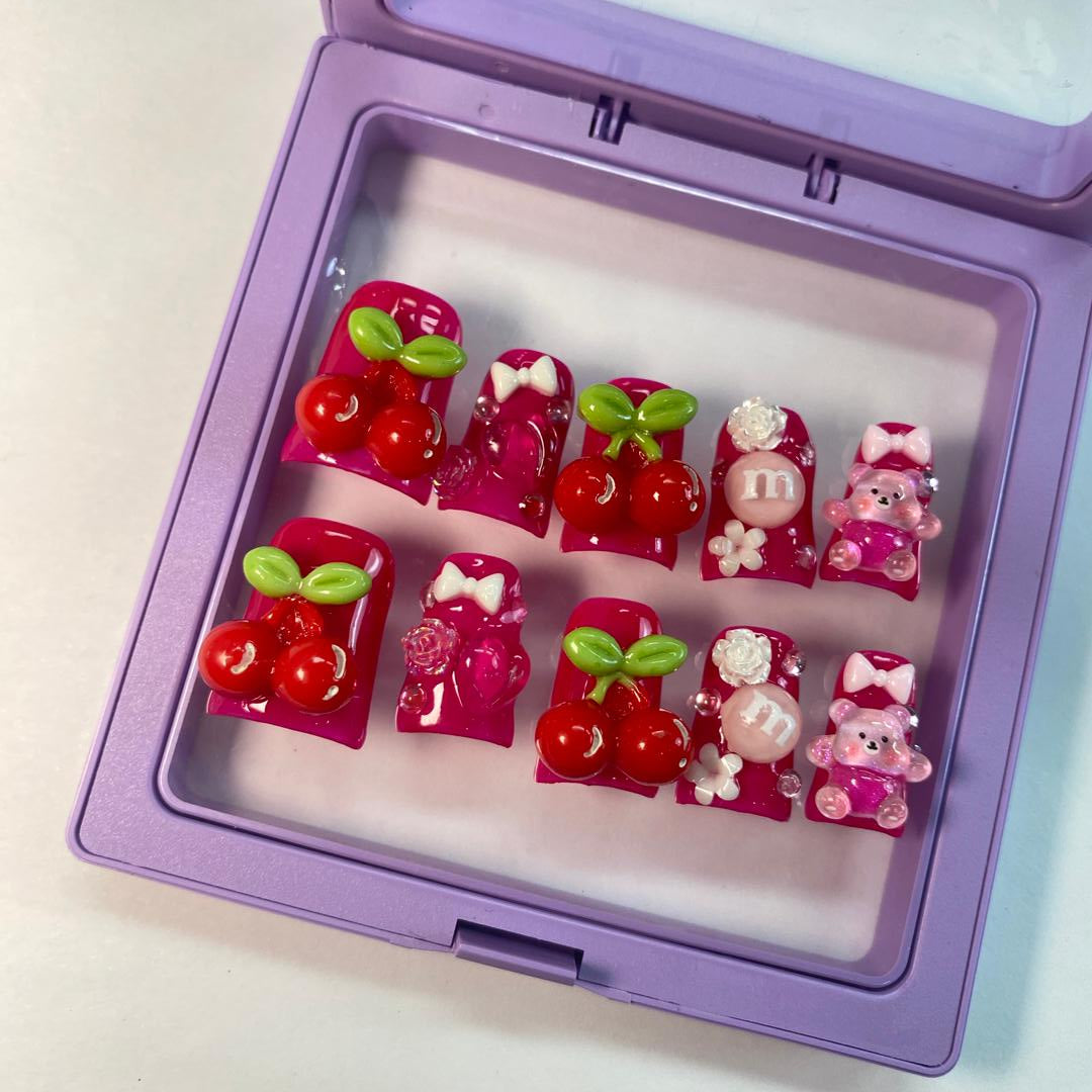 Cherry Bear Jelly Duck Nails – 10pc Duck/Flare Press On Set | Hot-Pink Jelly, 3D Cherries, Bears & Bows