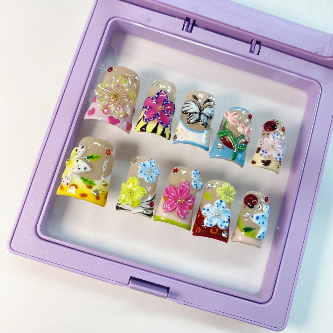 Garden Party Duck Nails – 10pc Duck/Flare Press On Set | Hand-Painted Flowers, Butterflies & Pearls