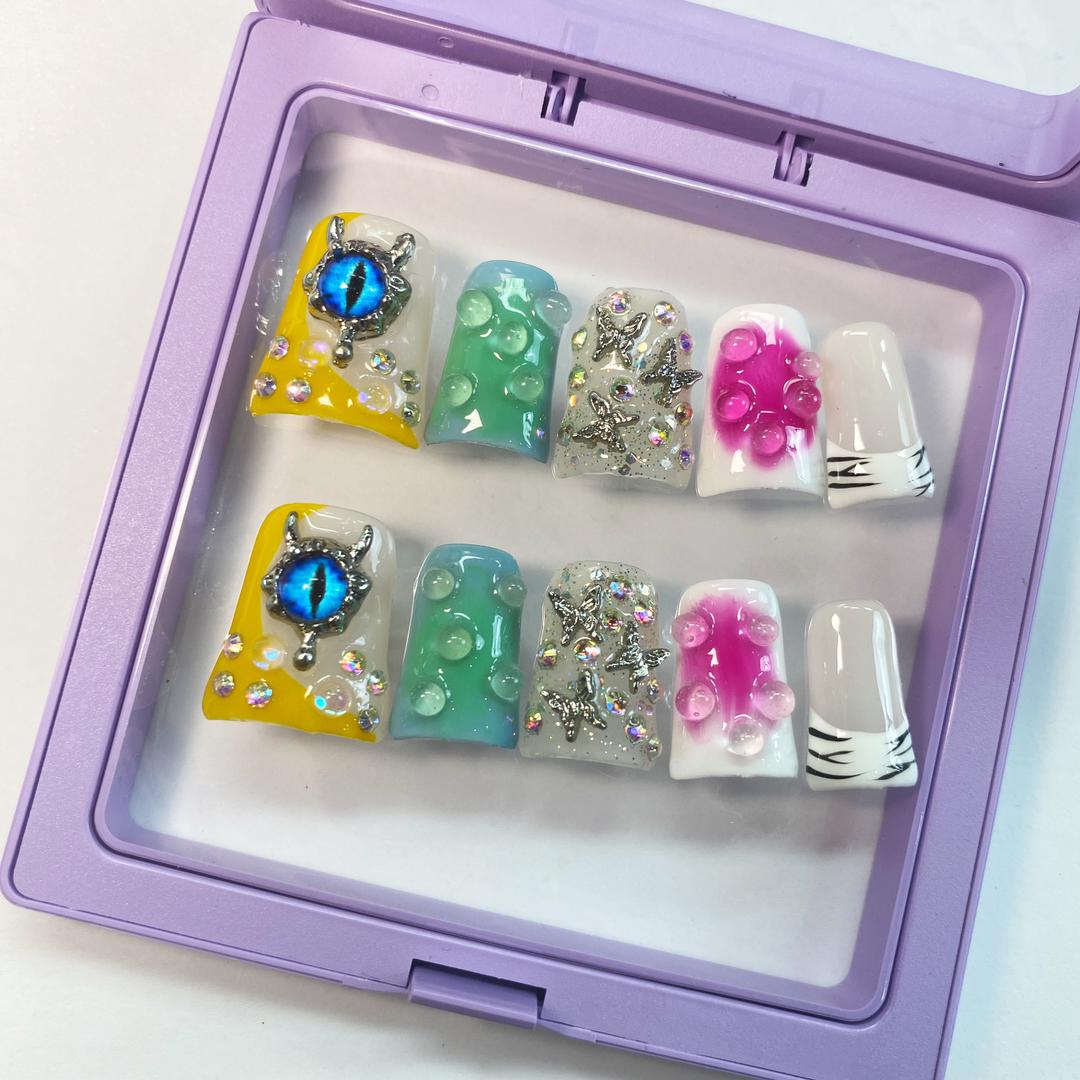 Crystal Lagoon Duck Nails – 10pc Duck/Flare Press On Set | Bubble-Gel Drops, Crystal Stars & Blue Eye Charm