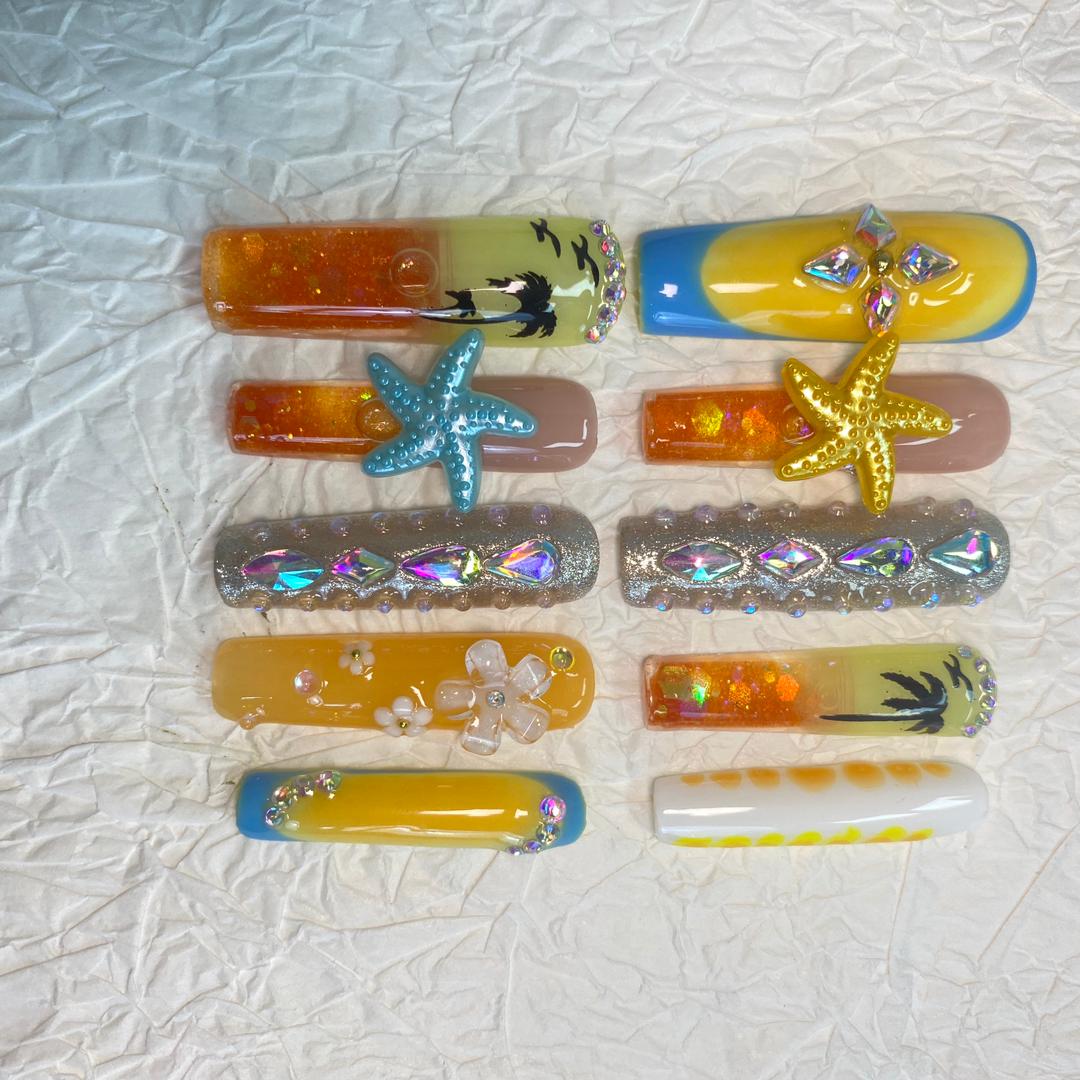 Sunset Shore Water Nails – 10pc Press On Nails | Palm Silhouettes, Starfish Charms & Amber Jelly
