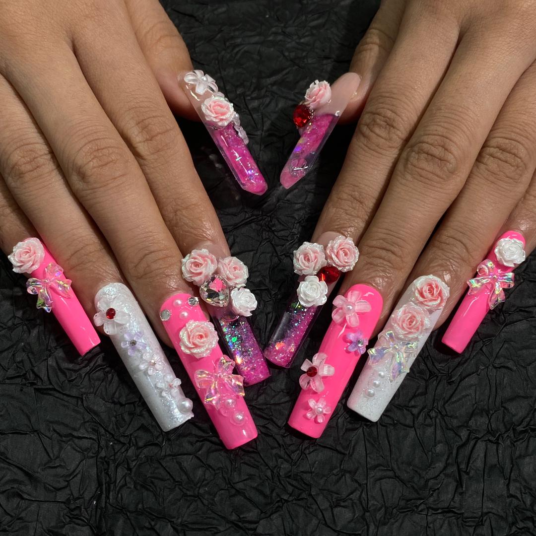Rosy Crush Water Nails – 10pc Press On Nails | Hot Pink, Glitter Jelly Windows, 3D Roses & Bows