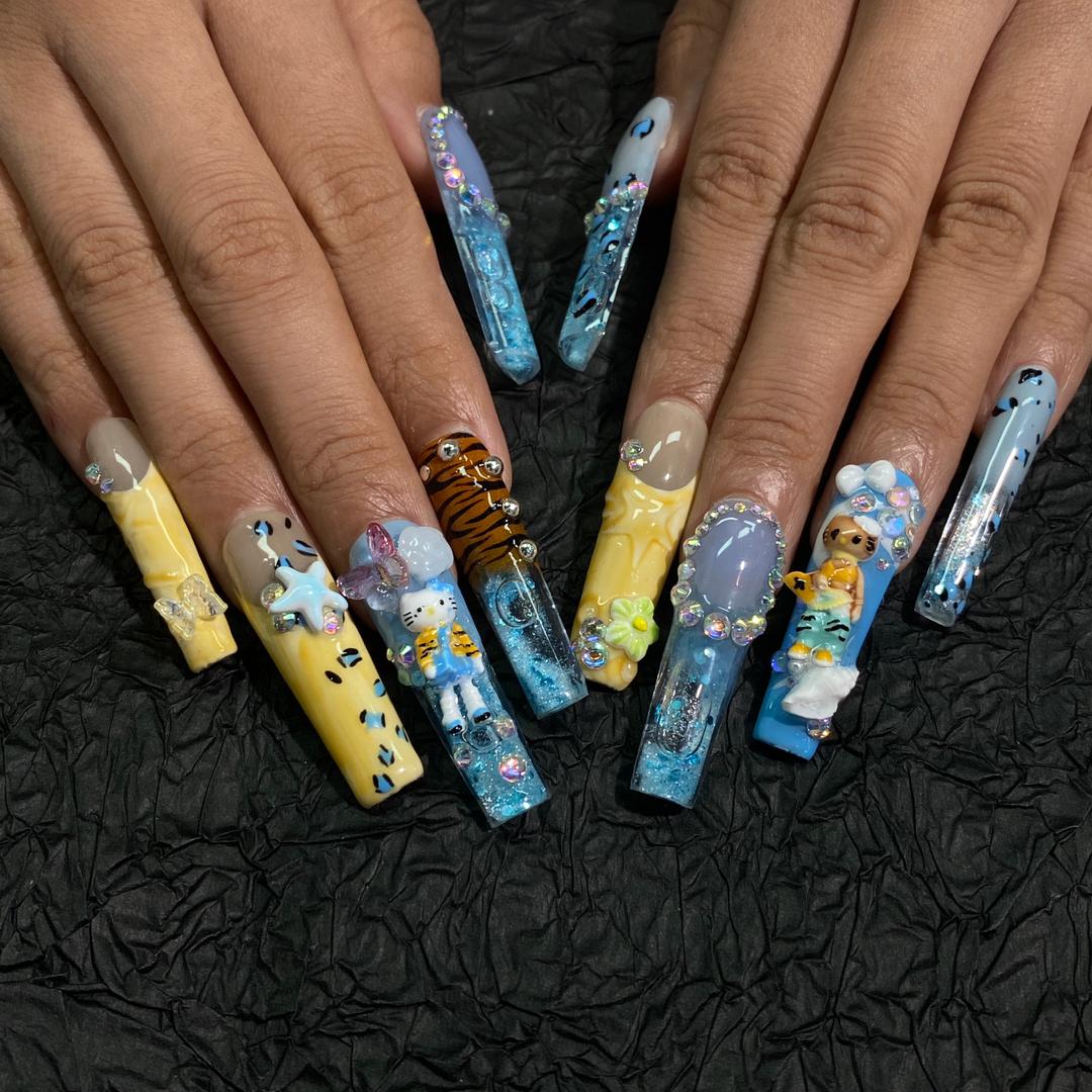 Tidal Safari Water Nails – 10pc XL Long Square Water Press On Set | Ocean Blues, Safari Lines & 3D Charms