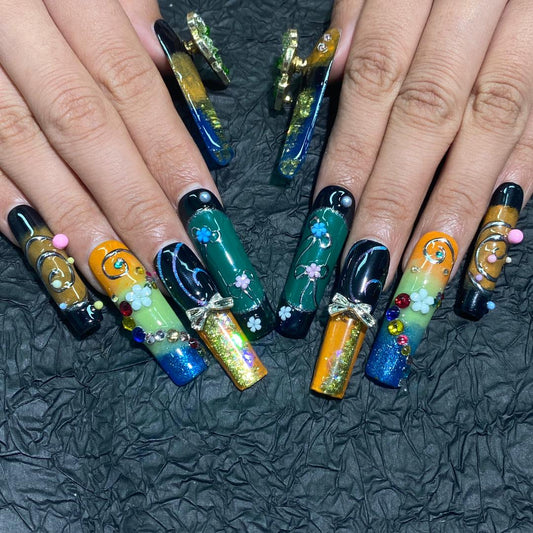 Neon Mirage Water Nail, Fidget Spinner – 10pc Press On Nails | Gradient Glow, Green Butterfly Charm, Glitter & Florals