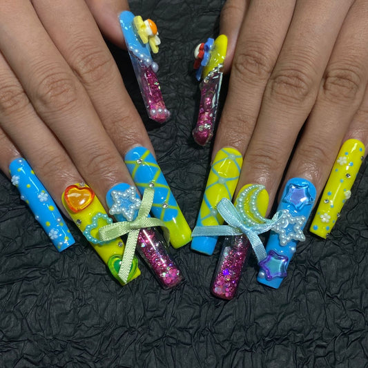 Lemonade Sky Long Square – 10pc Press On Nails | Blue & Yellow Jelly, Bows, Pearls, Hearts & Stars